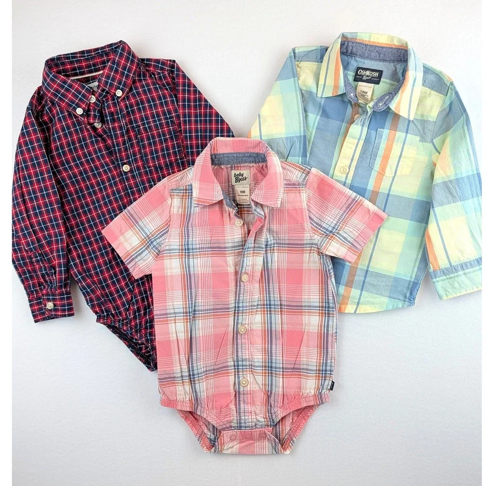OshKosh B'gosh Boys Plaid Button Down Shirt and Bodysuit Bundle 18M 3-Piece Set